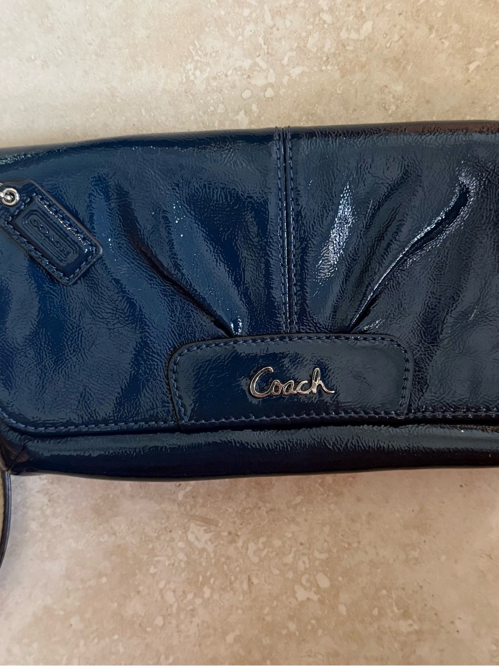 Coach Patent Leather Navy pleated wristlet clutch wallet EUC